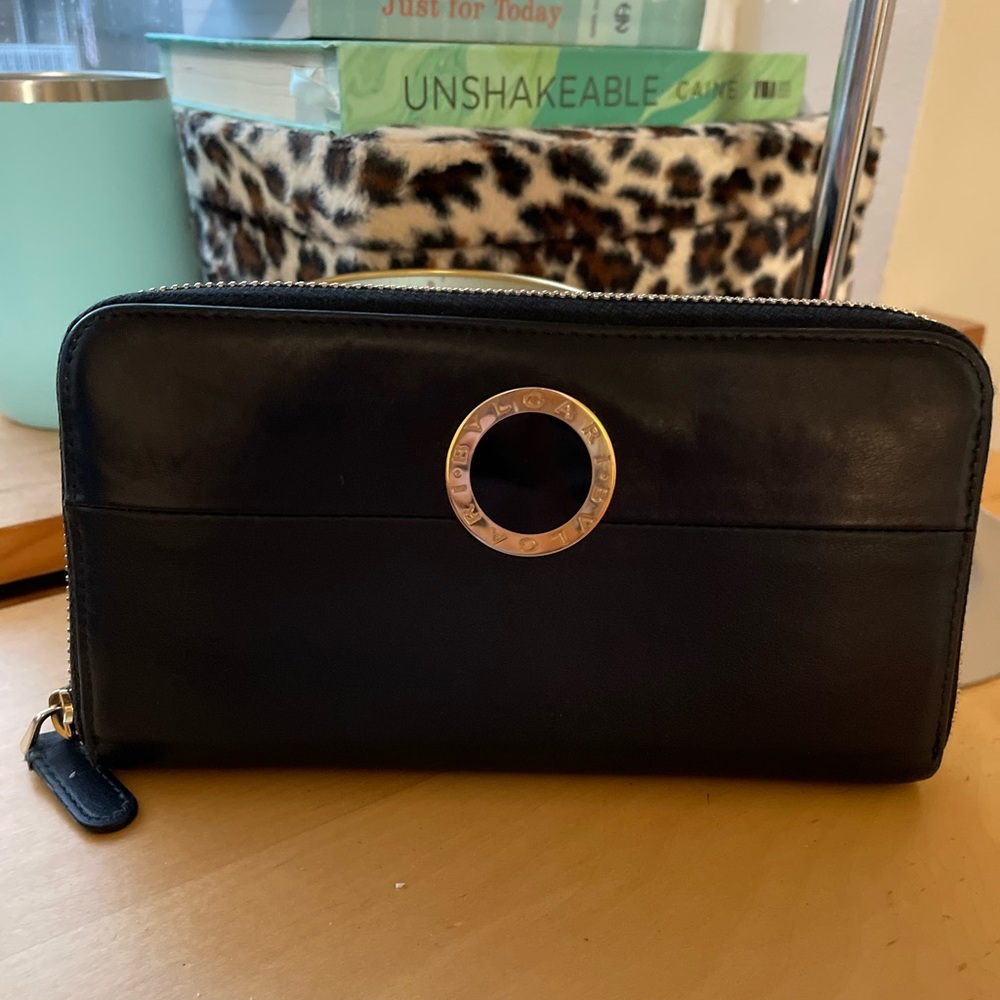 Bvlgari black leather zip wallet; EUC
